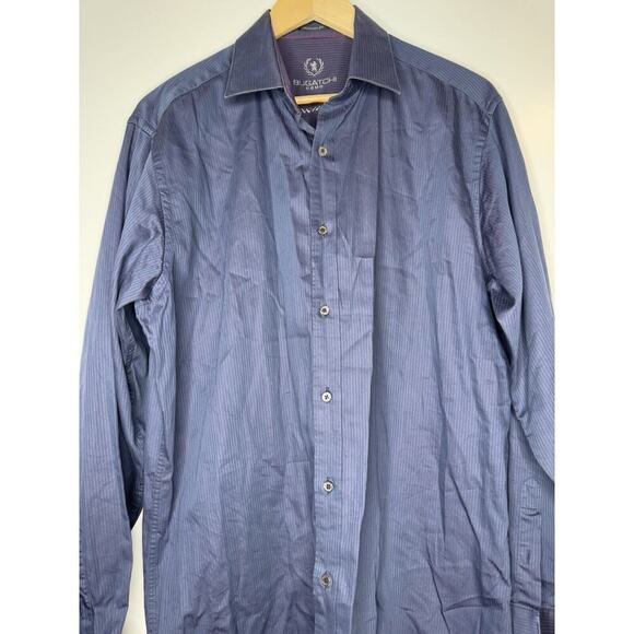 BUGATCHI Shirt Large Blue Purple Striped Classic Fit Dress Button Up Long Sleeve - Picture 2 of 7